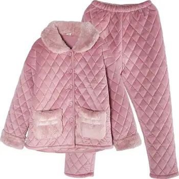 Pyžamo ženy tri vrstvy hrubé zimné prešívaný dievča je teplý flanel sladké krásna bunda zimná bežné coral fleece domov služby