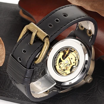Pánske Vintage Kostra, Mechanické Náramkové Hodinky Kožený Retro Analógový Svietiace Ručičky SHENHUA Bronz Automatické Náramkové hodinky Mužov 52154