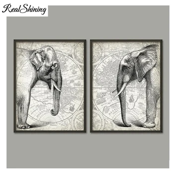 REALSHINING 2 ks/set,mapu a slon domova 5d DIY Diamond Maľovanie,plné námestie Diamond Výšivky Cross Stitch FS1953