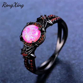 RongXing Ružová Fire Opal Prstene pre Ženy júla Birthstone Krúžok Vintage Čierneho Zlata Plné Červené Zirkón Kapely Svadobné Šperky RB1349 21863