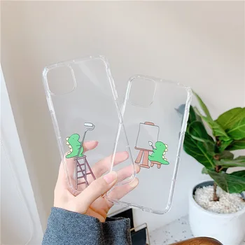 Roztomilý kreslený pár dinosaurov maľovanie transparentné mobilný telefón puzdro pre iPhone 11 Pro X XS Max XR 8 7 Plus mäkké TPU kryt späť