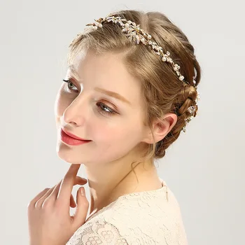 Ručne Vyrábané Pearl Šperky Príslušenstvo Svieti Inlayed Kamienkami Kvetinové Svadobné Hairband Gold Leaf Medi Kúzlo Vlasové Ozdoby