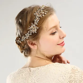 Ručne Vyrábané Pearl Šperky Príslušenstvo Svieti Inlayed Kamienkami Kvetinové Svadobné Hairband Gold Leaf Medi Kúzlo Vlasové Ozdoby