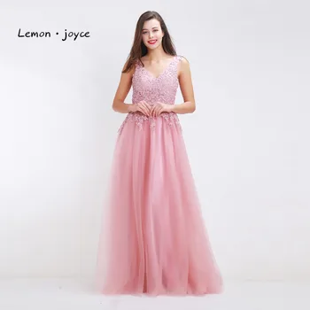 Ružová Appliques Prom Šaty 2020 Fantasy tvaru Backless bez Rukávov A-line Tylu Elegantné Maxi Dlhé Večerné Šaty vestido