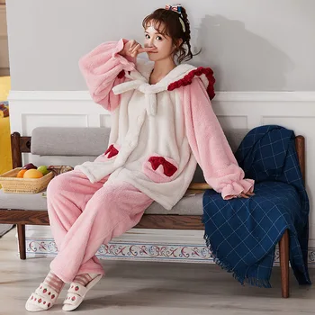 Ružová Pajama Set pre Ženy, Dievča Sladké Roztomilý Flanelové oblečenie pre voľný čas v Zime Teplé Mäkké Sleepwear Krásne Oblečenie