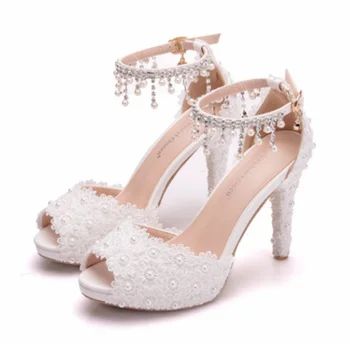 Sandále dámske vysoké podpätky žien jemné sandále dámske svadobné topánky banquet topánky dámske Čipky Korálkové ryby úst sandále