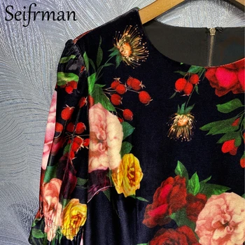 Seifrmann Ženy Jeseň Fashion Dráhy Strany Krátke Šaty Svetlice Rukáv Kvetinový Tlač Elegantné Dámy Voľné Zamatové Šaty vestidos