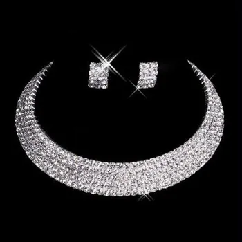 Silver Šperky Sady 5 Riadkov Jasné Drahokamu Diamante Svadobné Choker Náhrdelník a Náušnice 20584