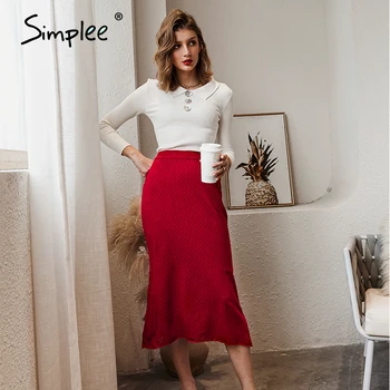 Simplee Sexy červené víno jeseň zima pevné ženy sukne Office lady vysoký pás ženský bud Nový módny, elegantný vintage šaty 2020
