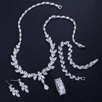 SINZRY Nové klasické luxusné cubic zirconia oslňujúci leaf choker náhrdelníky náušnice náramok, prsteň strany svadobné šperky set
