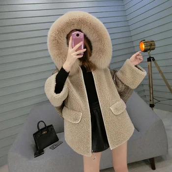 Skutočné Zimné Ovce Shearling Kabát Fox Kožušiny Golier Vlna Bunda Ženy Oblečenie Manteau Femme BGS90768 YY2022