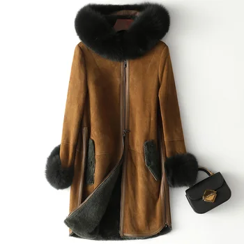 Skutočný Prírodný Zimný Kabát Žena Fox Kapucňou Strihanie Oviec Bunda Ženy Oblečenie 2020 Vinatge Vlnené Kabáty Kožušiny Topy 090304