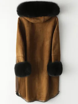 Skutočný Prírodný Zimný Kabát Žena Fox Kapucňou Strihanie Oviec Bunda Ženy Oblečenie 2020 Vinatge Vlnené Kabáty Kožušiny Topy 090304