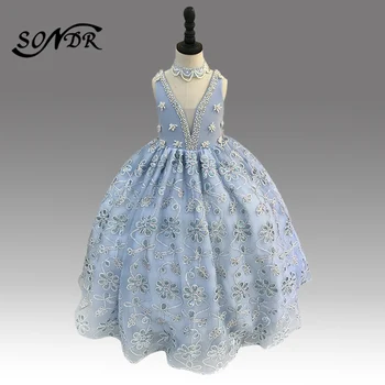 Sky blue (nebeská Modrá Deti Prijímanie Šaty HT155 Elegantného tvaru Perly Čipky Princezná plesové Šaty pre Dievča Appliques Svieti Kvetina Dievča Šaty