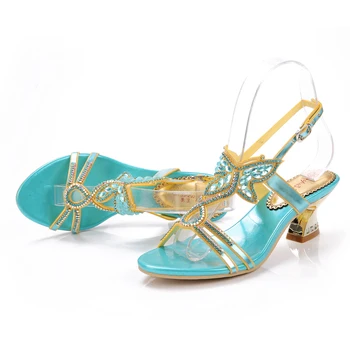 Sky Blue (Nebeská Modrá Farba Crystal Latinské Tanečné Topánky Dámske Letné Štýlové Sandále Robustný Stredný Náklon Ženy Sandál Motýľ Typ Podpätky