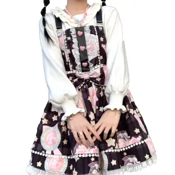 Sladké lolita popruh šaty vintage bowknot roztomilý tlač vysoký pás princezná viktoriánskej šaty kawaii dievča gothic lolita cos loli