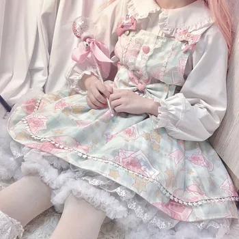 Sladké lolita popruh šaty vintage bowknot roztomilý tlač vysoký pás princezná viktoriánskej šaty kawaii dievča gothic lolita cos loli