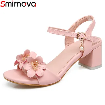 Smirnova leta 2018 populárne farbou členok popruh ženy sandále med podpätky módne kvet, biele, ružové a ležérne topánky 60584