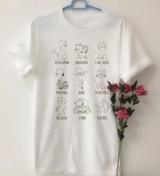Starqueen-JBH Dejiny Umenia Mačky Vytlačené T Shirt Muža, Ženy Krátke Bavlnené Tričko Topy Leonardo da vinci, Van Gogh Picasso Mačka Tee Topy
