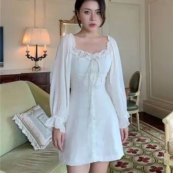 Strany Biele Elegantné Ženy Obväz Retro Mini Office Lady francúzsky Návrhár kórejský Šaty dámske Oblečenie na Jeseň 2020 1431