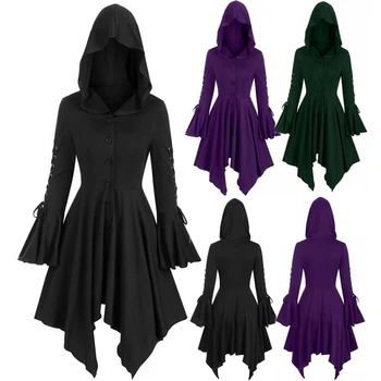 Stredoveké Cosplay Gotický Halloween Kostýmy pre Ženy Šaty Čarodejnice Stredoveku, Renesancie Čierny Plášť Oblečenie Šaty s Kapucňou