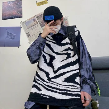 Streetwear punk vesta ženy muži topsTrend iny hip-hop, street čierna a biela zebra vzor bez rukávov pletené vest sveter vesta 23853