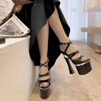 Super Vysoké Podpätky Dámske Sandále Na Platforme Otvorené Prst Kórejský Štýl, Luxus Dizajnéri Dámske Čierne Topánky