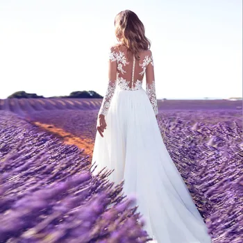 Svadobné šaty 2019 pláži svadba kolo krku lacné šifón čipky nášivka svadobné biela / ivory romantický tlačidlo 10001