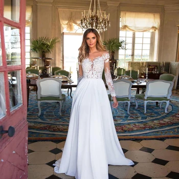 Svadobné šaty 2019 pláži svadba kolo krku lacné šifón čipky nášivka svadobné biela / ivory romantický tlačidlo