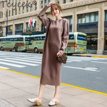Tcyeek Dlhý Sveter Šaty kórejský Pletené Svetre pre Ženy Jeseň Hrubé Zimné Oblečenie Móda Vintage Bežné 2020 Ropa Mujer 5