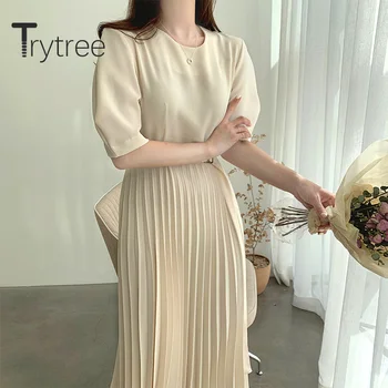 Trytree 2020 Lete Ženy Vyhovovali Šaty Príležitostné O-krku Pevný 2 Farba Skladaný A-line Móde Elegantný Pás Temperament Polovici Teľa Šaty