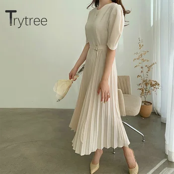 Trytree 2020 Lete Ženy Vyhovovali Šaty Príležitostné O-krku Pevný 2 Farba Skladaný A-line Móde Elegantný Pás Temperament Polovici Teľa Šaty
