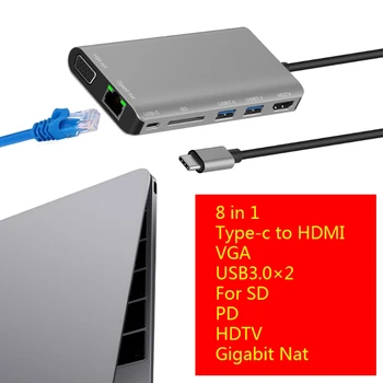 Typ-C Multi-function Dock Station s USB3.0x2/SDx1 Karta+HDMI/VGA+JACK 3.5+RJ45+Typ-c(PD) port