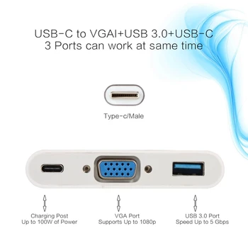Typ C pre VGA USB 3.0 Adapter 3-v-1 Viacportová Video Converter Kábel VGA Female/USB 3.0 Údaje Hub/USB C Nabíjací Port