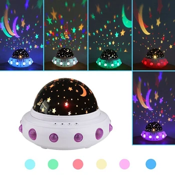 UFO Tvar Hudby Hviezdna Star Prisluhovači Premietacie Nočné Svetlo Romantický Otočiť LED USB Batéria Tabuľka Lampa pre Baby Detský Spací