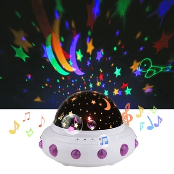 UFO Tvar Hudby Hviezdna Star Prisluhovači Premietacie Nočné Svetlo Romantický Otočiť LED USB Batéria Tabuľka Lampa pre Baby Detský Spací