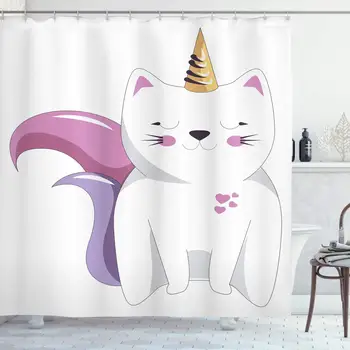Unicorn Mačka Sprchový Záves, Fiktívne Rohaté Charakter s Tvári Výraz, Dievčatá, Deti, Látky, Textílie, Kúpeľňa Decor Set s