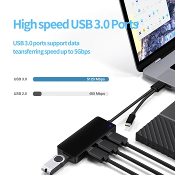 USB 3.0 Hub, 4 Port Ultra-Slim Údaje USB Hub s 2 Spôsob Kábel USB Typ-c, USB 3.0