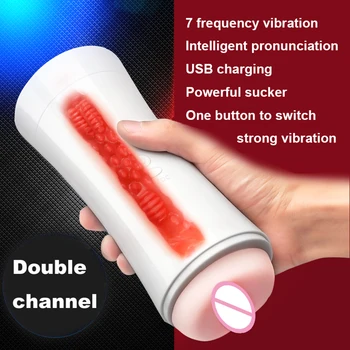 USB Elektrické Automatické Muž Masturbator Stonať Hlas Masturbácia Deep Throat Cup Ústne+Vaginálne Dvojitý Kanál 7 Vibračné Módy