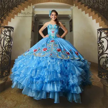 Vestidos de Debutante Para 15 anos Kráľovská Modrá Quinceanera Šaty Výšivky Opuchnuté Organza Volánikmi Sweet 16 Maškaráda plesové Šaty