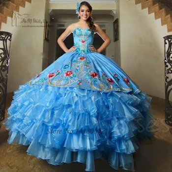 Vestidos de Debutante Para 15 anos Kráľovská Modrá Quinceanera Šaty Výšivky Opuchnuté Organza Volánikmi Sweet 16 Maškaráda plesové Šaty
