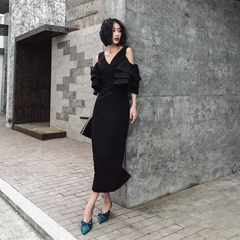 Večerné Šaty je Yiiya BR352 Elegantný Čierny Čaj Dĺžka Rovno Prom Šaty tvaru Z Ramenný Vestidos De Fiesta 2020