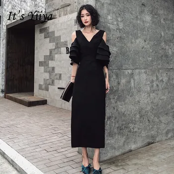 Večerné Šaty je Yiiya BR352 Elegantný Čierny Čaj Dĺžka Rovno Prom Šaty tvaru Z Ramenný Vestidos De Fiesta 2020