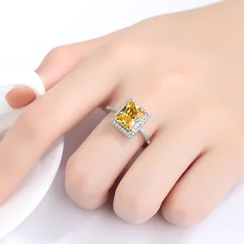 Veľké citrine crystal krúžok pre ženy biele zlato strieborná farba žltá drahokam zirkón diamanty, šperky bijoux strany Vianočné darčeky