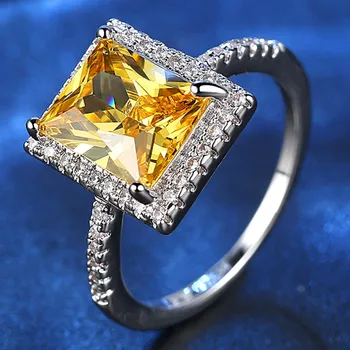 Veľké citrine crystal krúžok pre ženy biele zlato strieborná farba žltá drahokam zirkón diamanty, šperky bijoux strany Vianočné darčeky