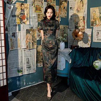 Vintage Elegantný Kvetinový Tlač Cheongsams Ženy Party Šaty Nadrozmerná 3XL Čínsky Štýl Tradičných Qipao Šaty Pre Dámy