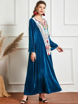 Vintage Velvet Plus Veľkosť Maxi Šaty pre Ženy 2020 Zimné Dlhý Rukáv Moslimské Oblečenie Dubaj Marocký Turecko-Islamské Oblečenie Župan