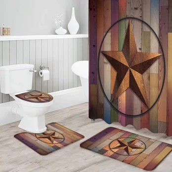 Vintage Západnej Texas Star Dreva Sprchové Závesy Nastaviť Kúpeľňa Nepremokavé Sprchový Záves Kúpeľňa Set so Sprchovacím kútom Záclony a Koberce