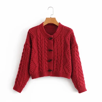 Vintage ženy krátky roh tlačidlo cardigan 2020 na jeseň červená módne dámy o krk knitwears žena knits dievčatá krátke svetre 5128