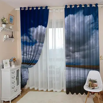 Vlastné Foto 3D Blue Sky Biele Oblaky Mora Šírku Okna záclony Pre Obývacej Izby, Spálne, Blackout Závesy Sady